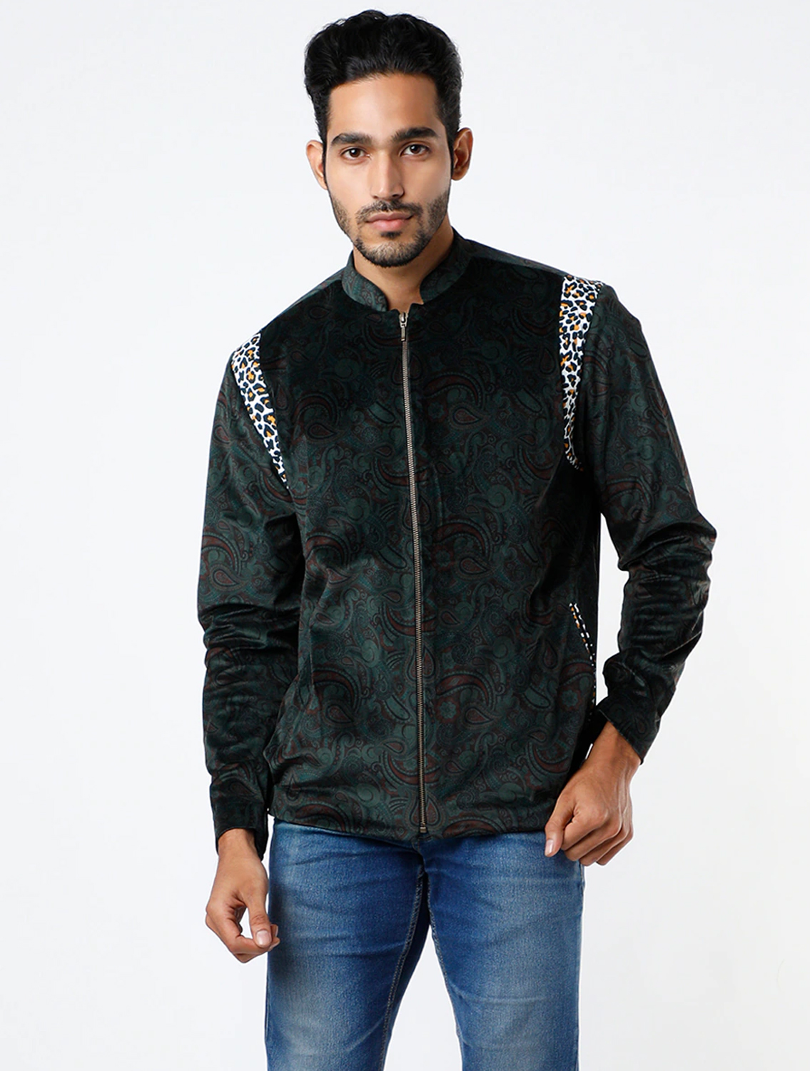 Paisley Green Velvet Bomber Jacket