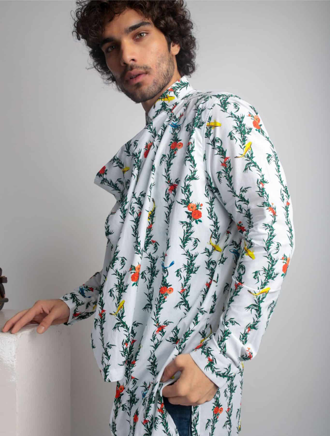 Cayman White Printed Cowl Shirt