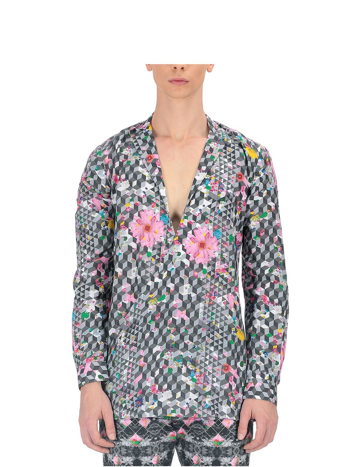 Linen Cross-over Shirt in florogeometric print
