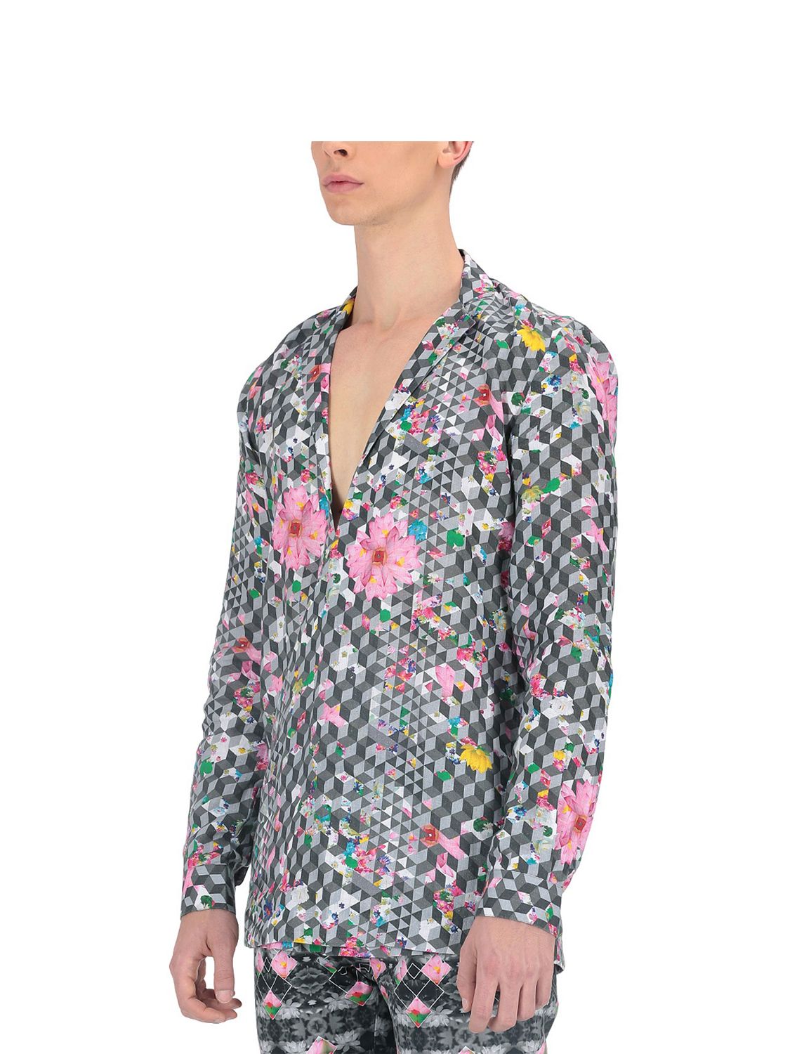 Linen Cross-over Shirt in florogeometric print