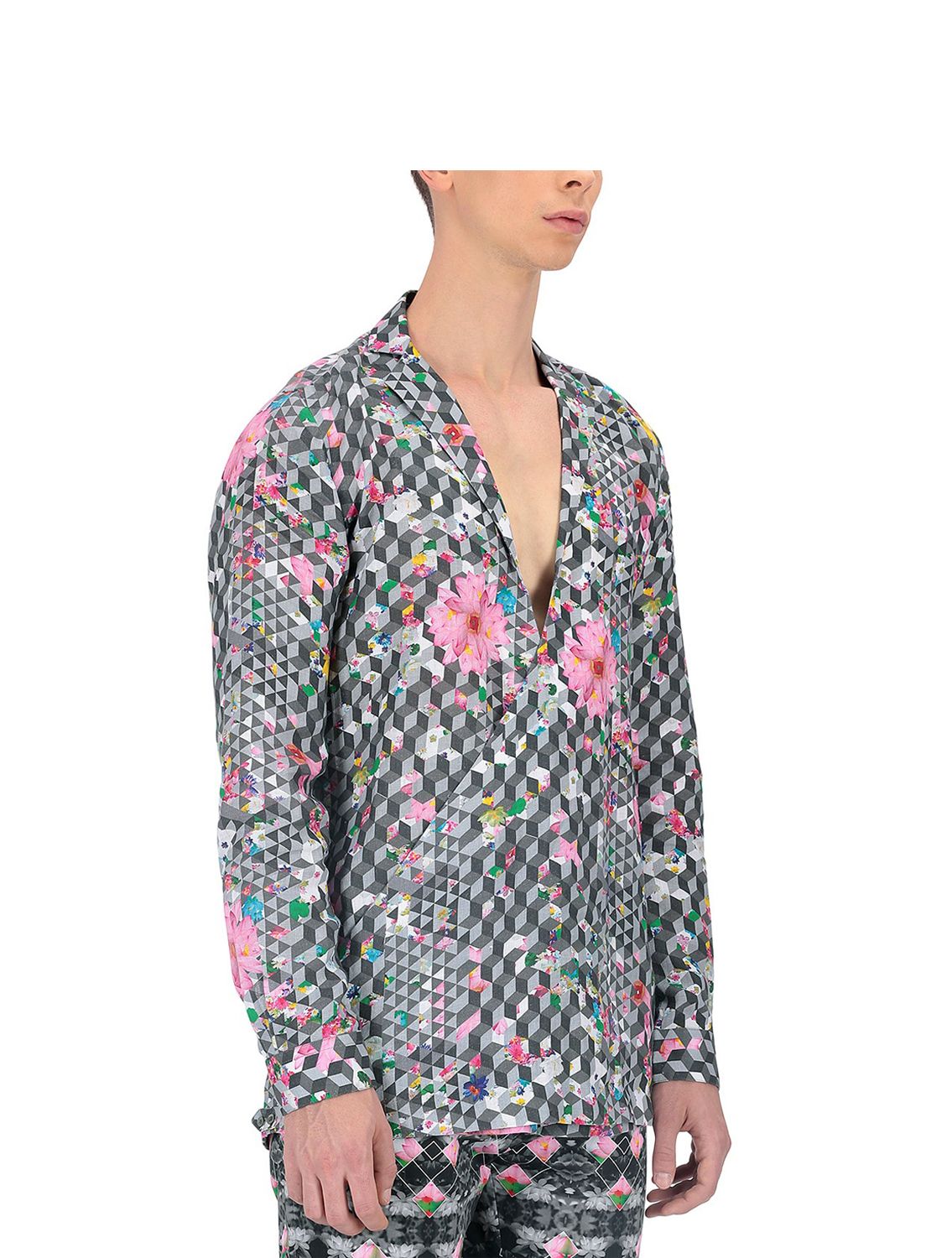 Linen Cross-over Shirt in florogeometric print
