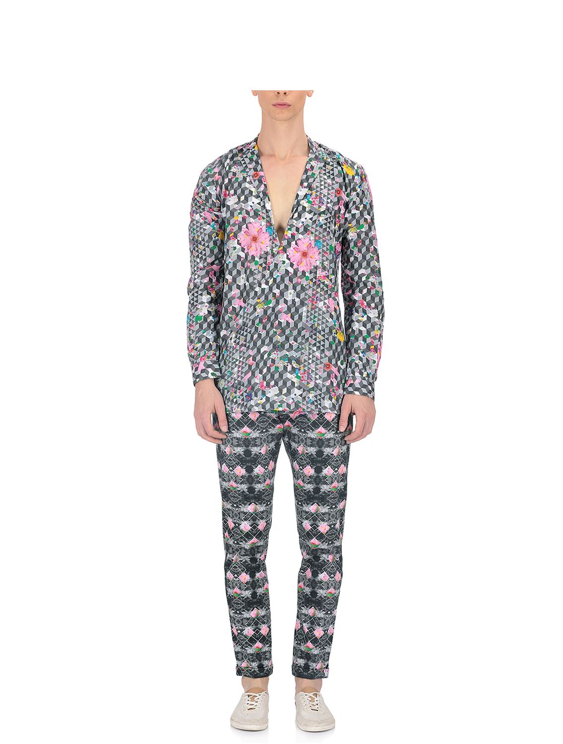 Linen Cross-over Shirt in florogeometric print