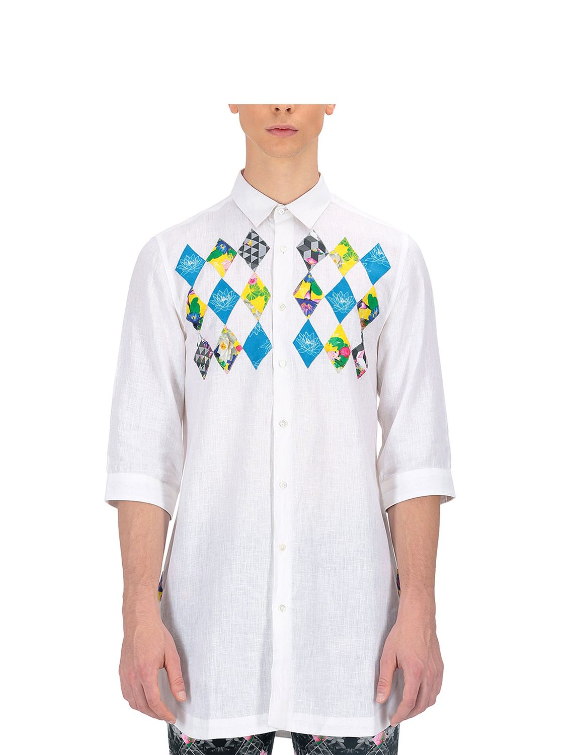 White Linen shirt with Lotus applique work