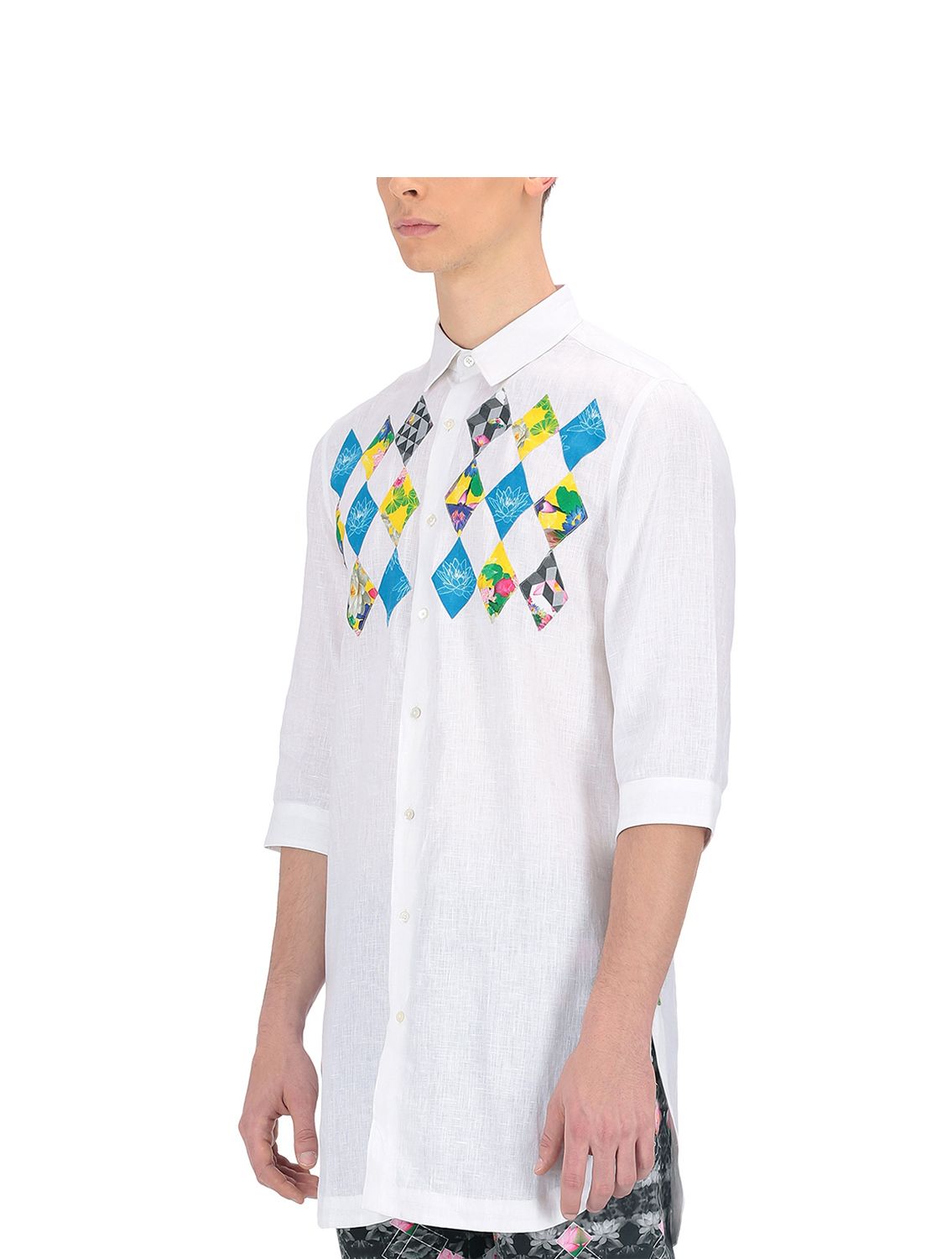 White Linen shirt with Lotus applique work