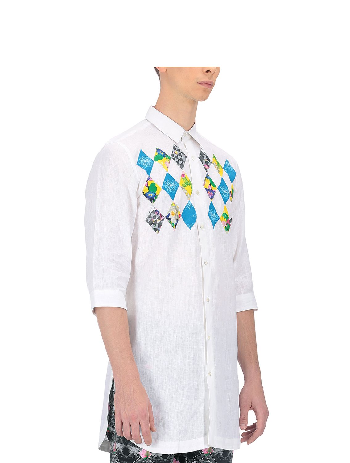 White Linen shirt with Lotus applique work