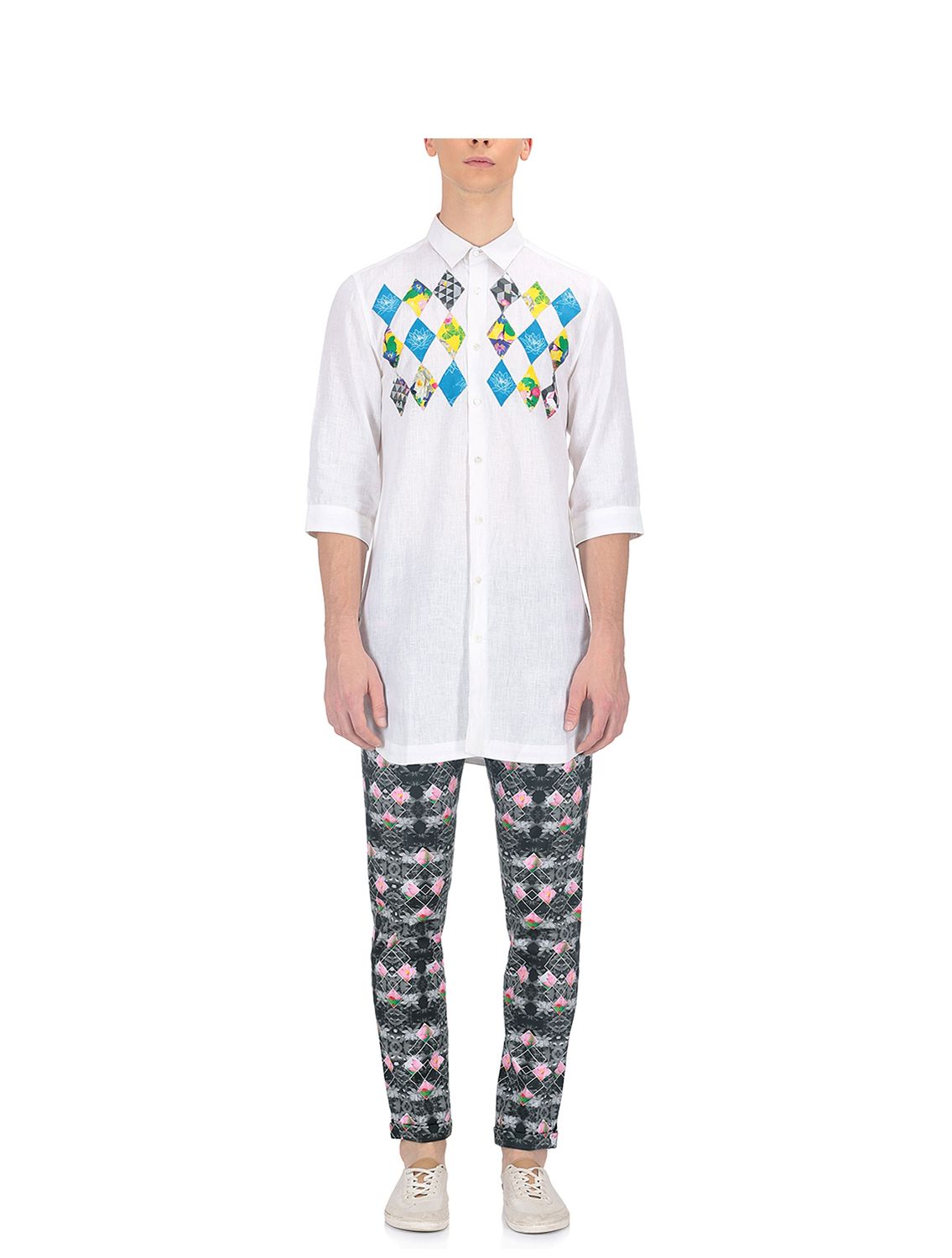 White Linen shirt with Lotus applique work
