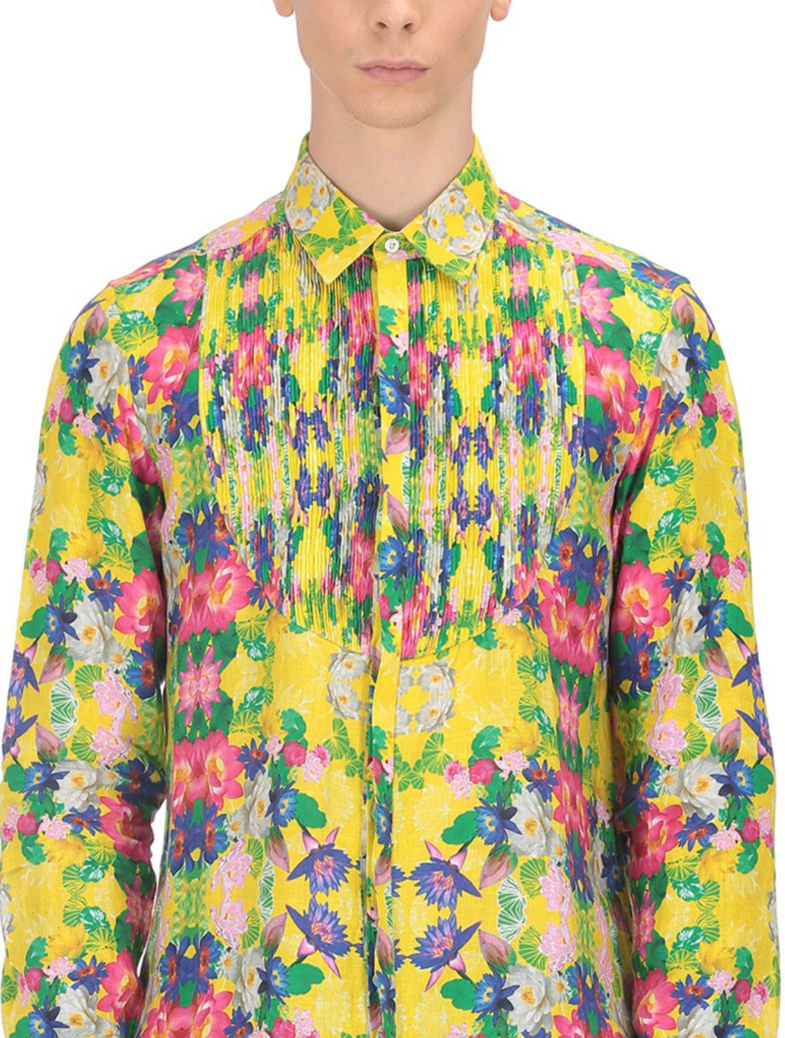 Linen Pintuck Bib Shirt in Diospyros Print