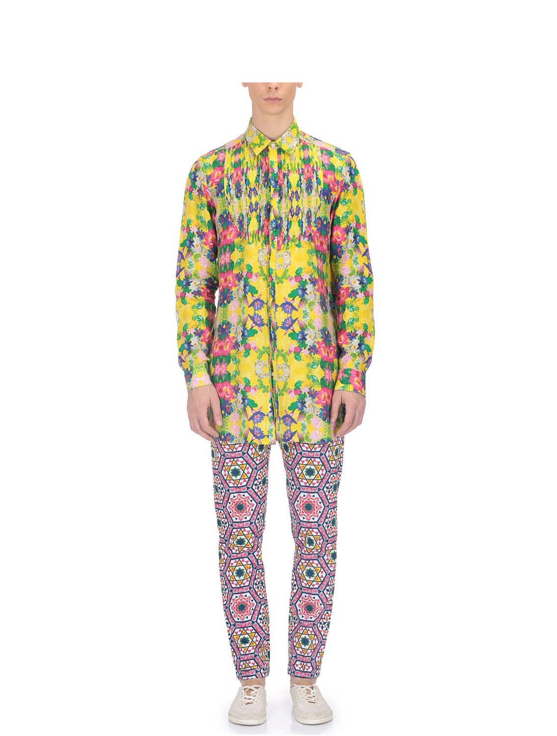 Linen Pintuck Bib Shirt in Diospyros Print