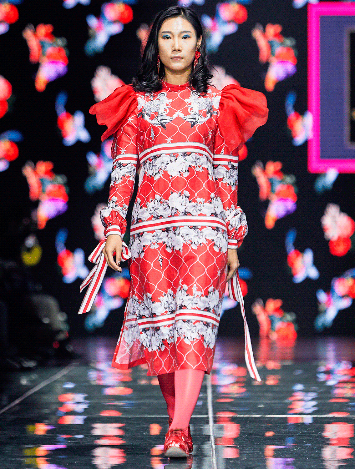 Ariel Red Silk Organza Ruffled Shoulder Dress Full