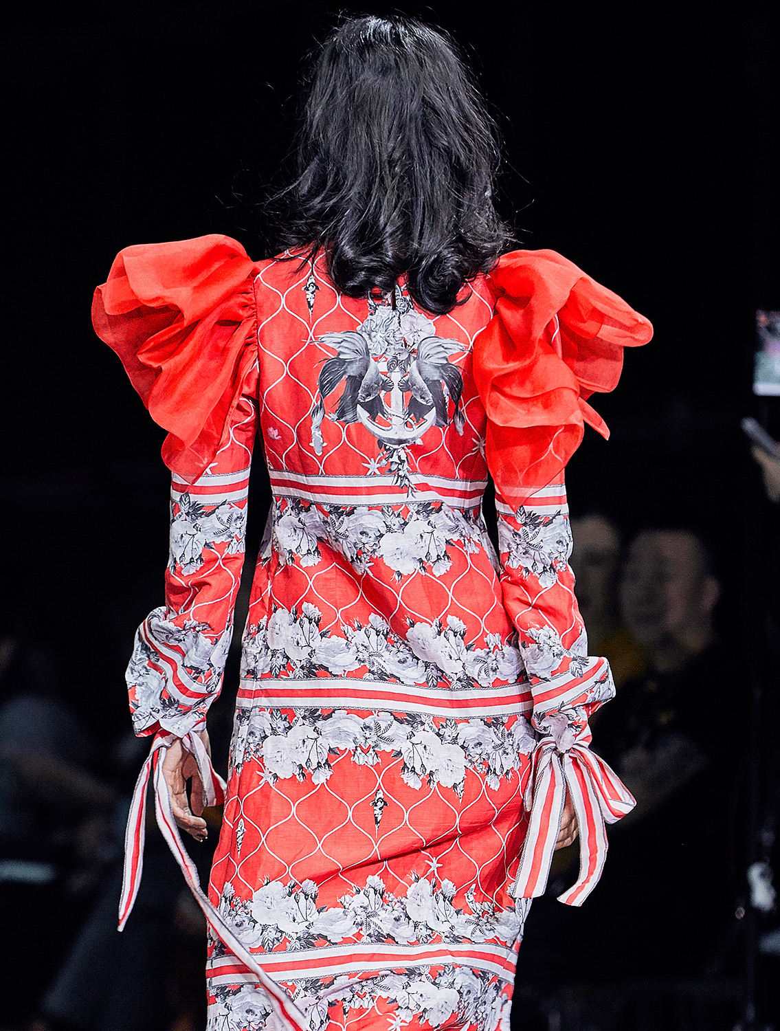 Ariel Red Silk Organza Ruffled Shoulder Dress