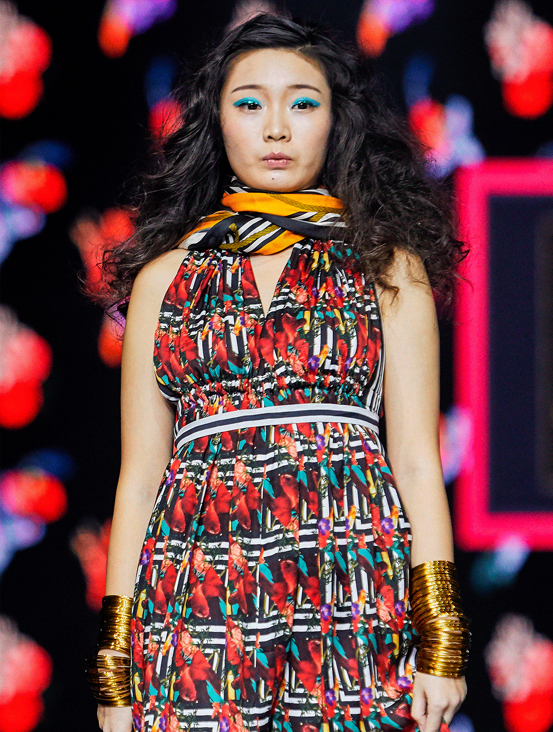 Yellow Diamond Silk Scarf on model