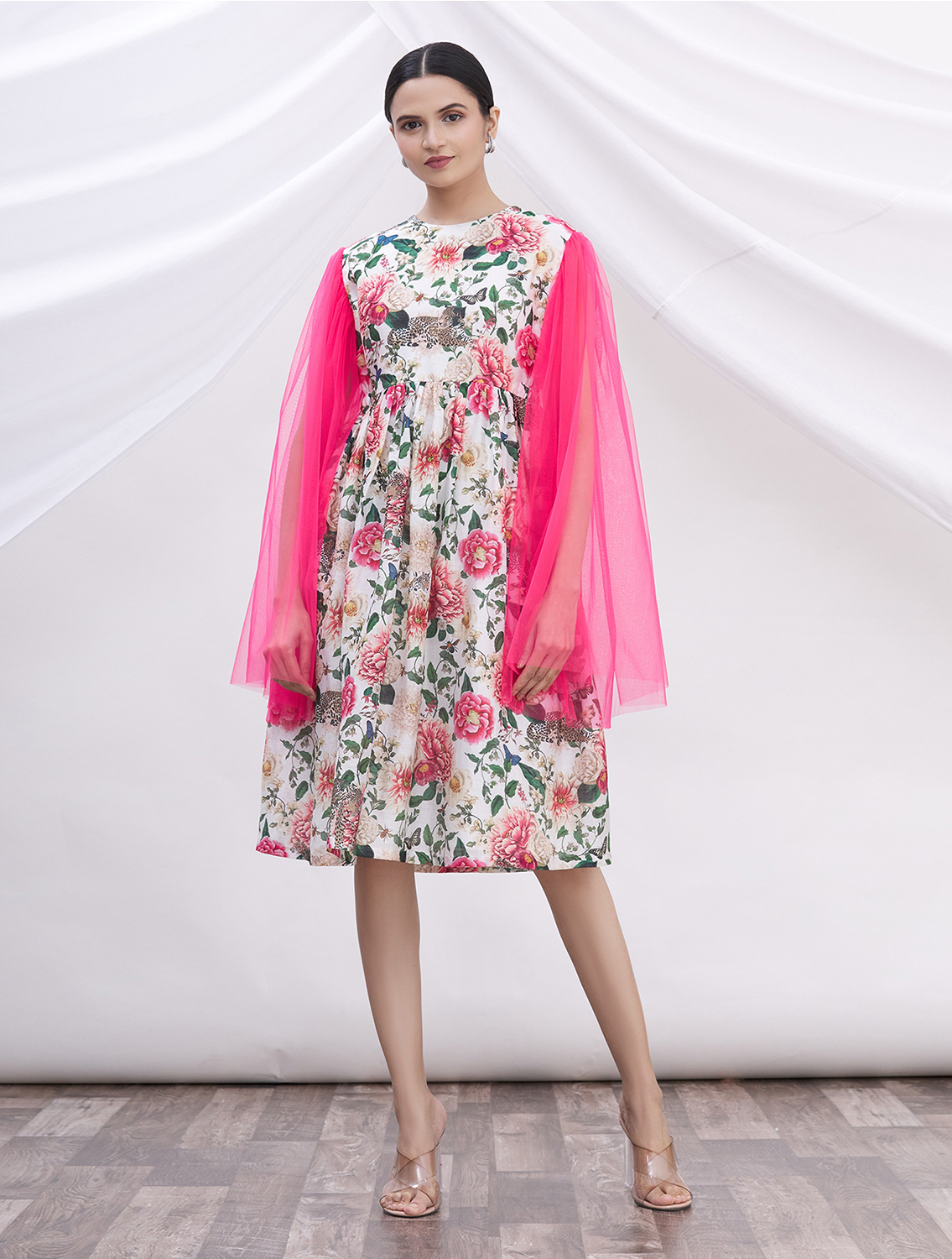 Anna Printed Pink Net Sleeve Dress