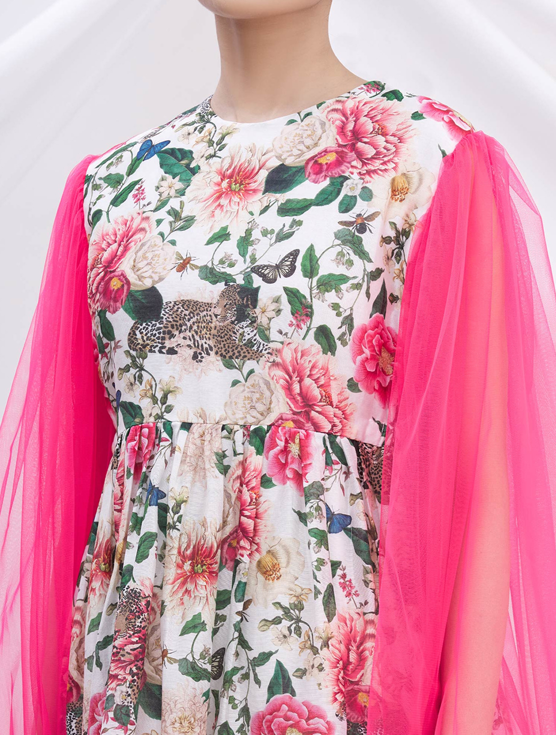 Anna Printed Pink Net Sleeve Dress