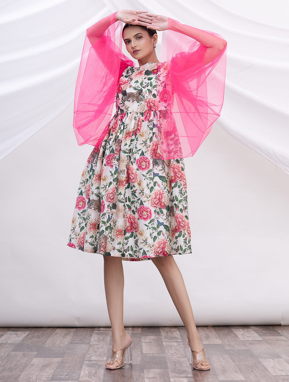 Anna Printed Pink Net Sleeve Dress