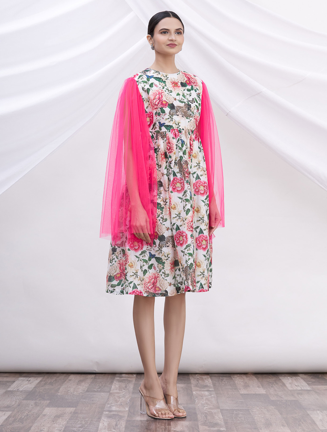 Anna Printed Pink Net Sleeve Dress
