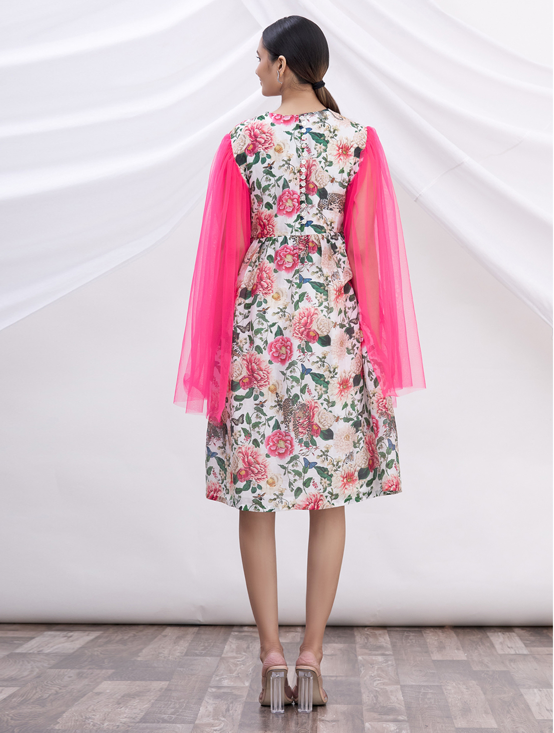 Anna Printed Pink Net Sleeve Dress