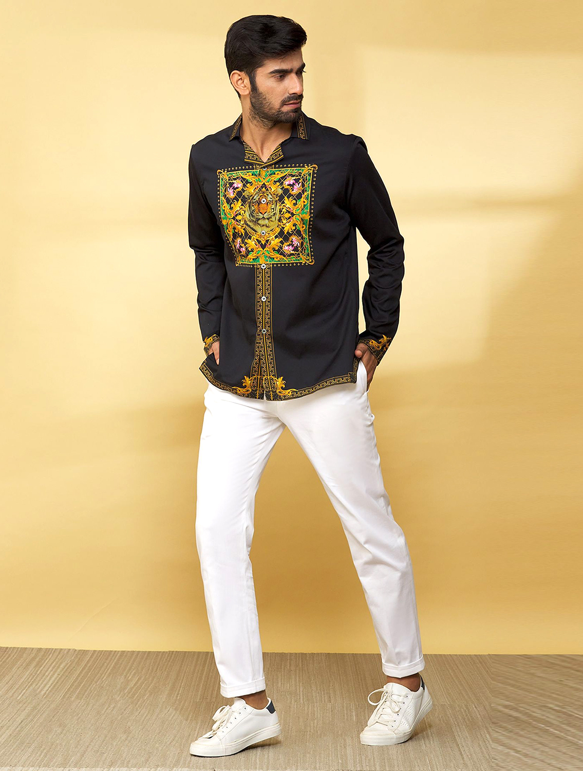 Mr Ajay Kumar Black Gold Baroque Hem Shirt