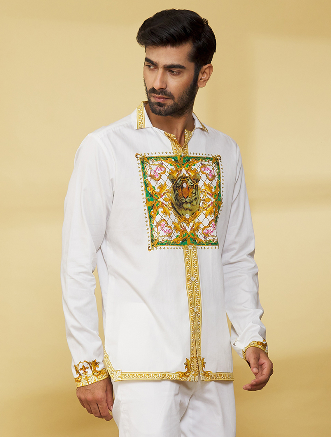 White Gold Baroque Hem Shirt by Mr Ajay Kumar