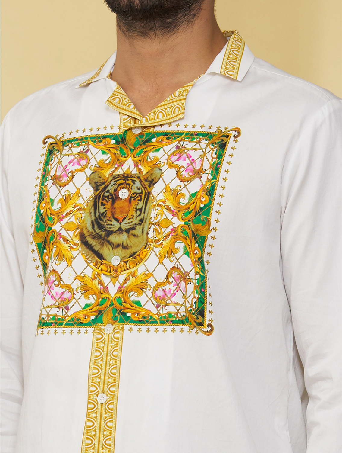 Mr Ajay Kumar White Gold Baroque Hem Shirt
