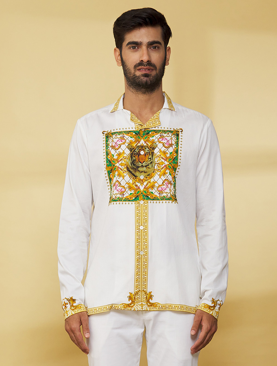 White Gold Hem Shirt by Mr Ajay Kumar
