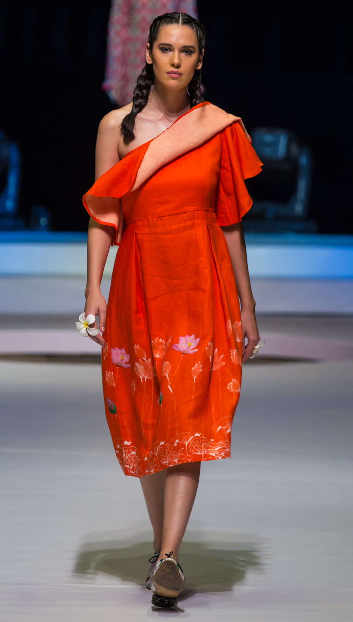 Leeya Red Linen One Shoulder Ruffle Dress