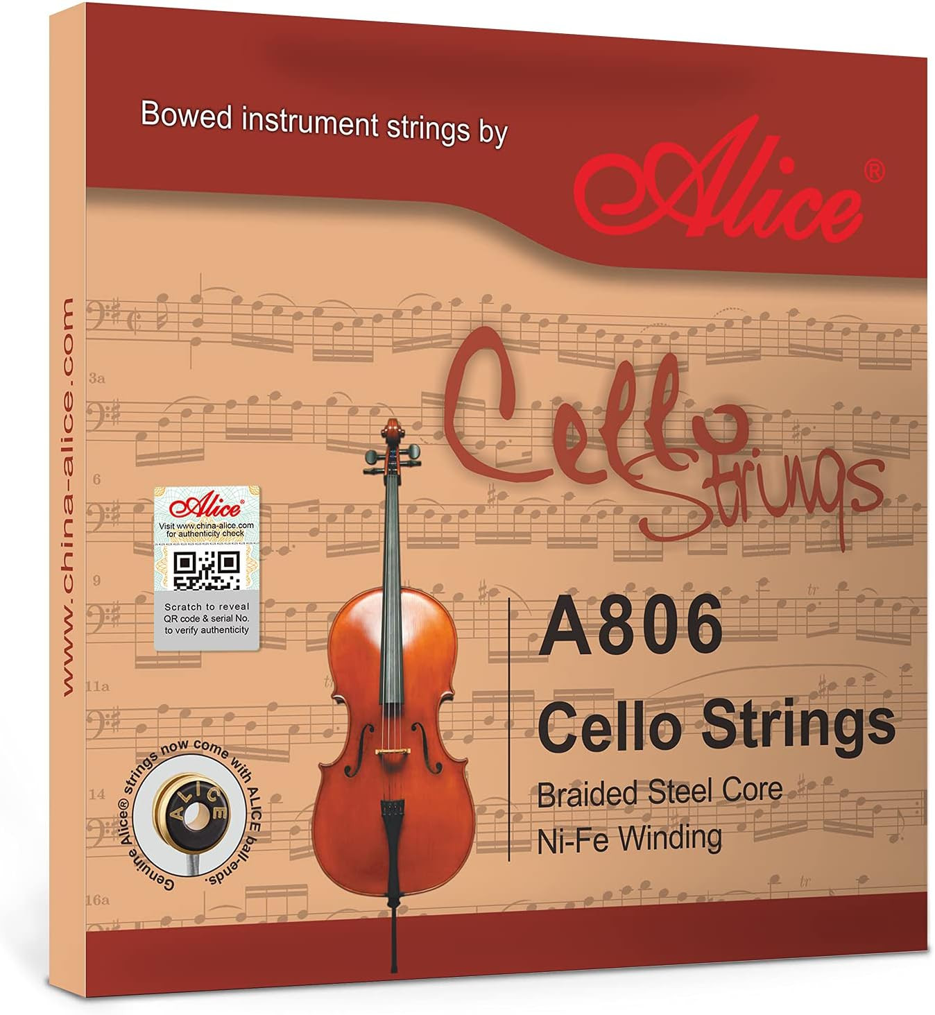 Alice 44 Cello Strings Set - Braided Steel Core with Ni-Fe Winding Cello String for 44 Cellos - Clear Balanced Tone Ideal for Professionals A806