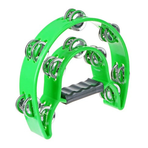 Music Xpert Half Moon Musical Tambourine Double Row Metal Jingles Hand Held Percussion Drum Multicolor for KTV Party with Ergonomic Handle Grip Green
