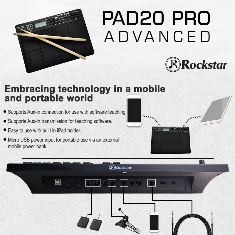 New Rockstar Pad20 Pro Advanced with Hard Case and Octapad Stand - WHITE New Indian Tones