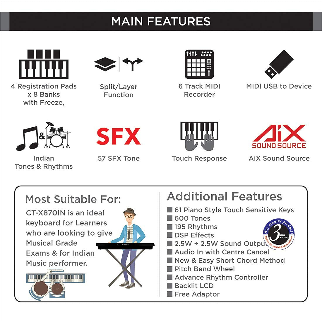Casio CT-X700 61-Key Portable Keyboard with Bag Stand and Dust Cover