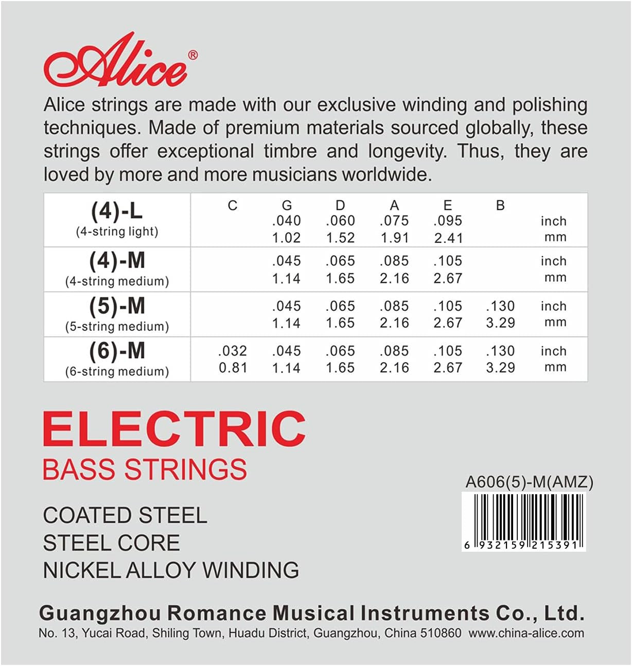 Alice Bass A6065-M Steel Core Nickel Alloy Wound Electric Bass Strings