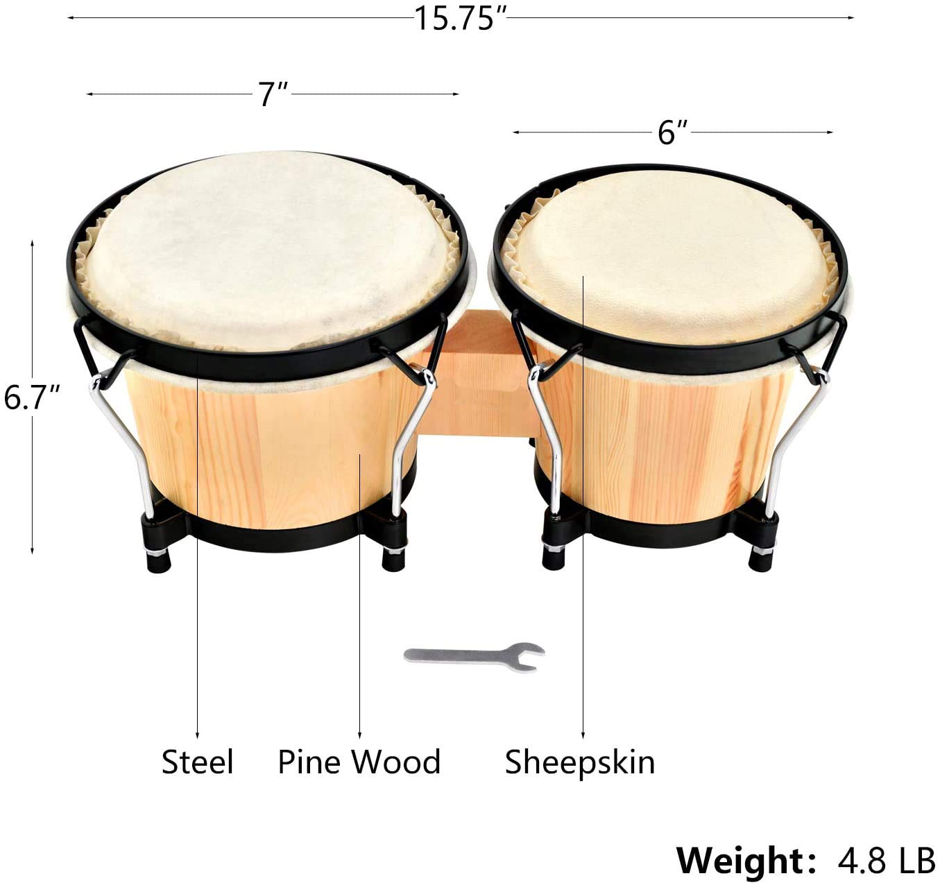 Original Bongo Drum Set with Tuning Wrench Professional Wooden Percussion Instrument for Beginner Adults Kids