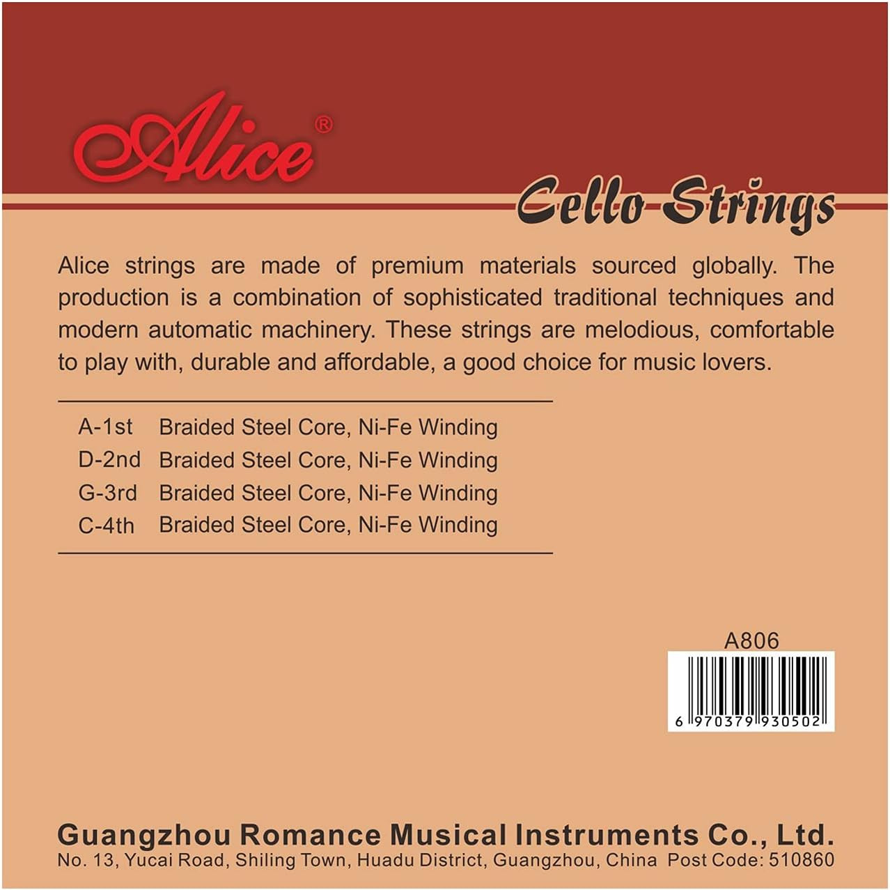 Alice 44 Cello Strings Set - Braided Steel Core with Ni-Fe Winding Cello String for 44 Cellos - Clear Balanced Tone Ideal for Professionals A806