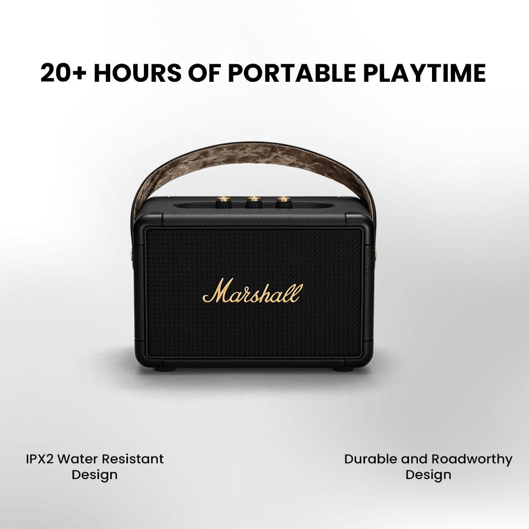 Marshall Kilburn II Portable Bluetooth Speaker with 20 Hours of Portable Playtime 360 Sound Water-Resistant IPX2 Black Brass