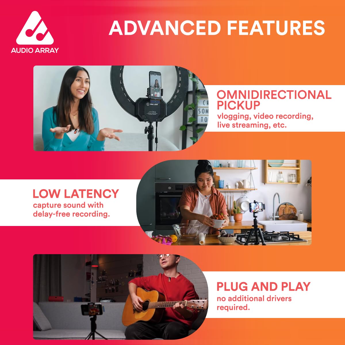Audio Array AM-W16 Solo Wireless Lapel Over Ear Mic in-Built ANCPlug N Play Long Battery LifeUltra-Low LatencyUpto 30M RangeCompatible with iPhone Android Vlogging Streaming Teaching YouTube Black