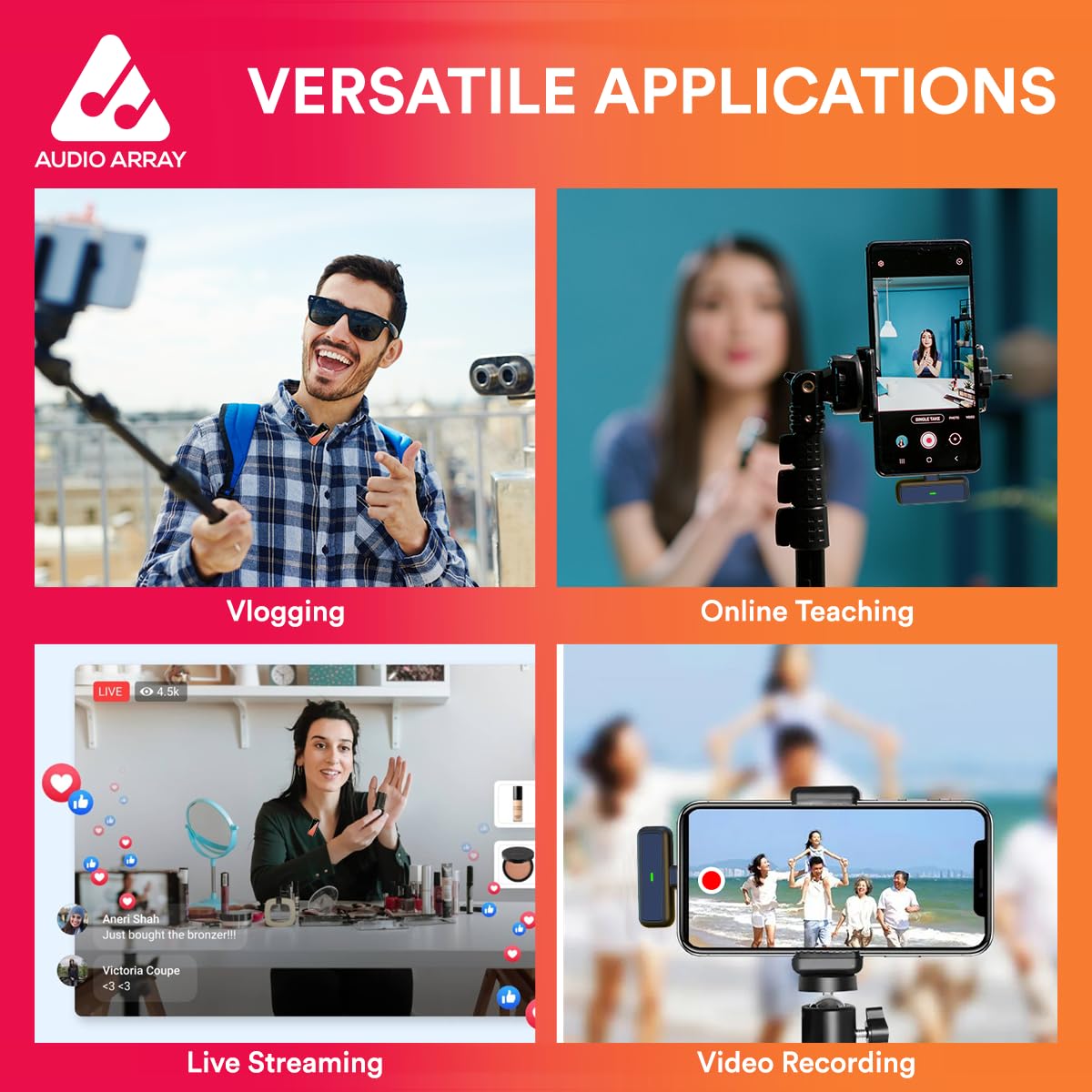 Audio Array AM-W16 Solo Wireless Lapel Over Ear Mic in-Built ANCPlug N Play Long Battery LifeUltra-Low LatencyUpto 30M RangeCompatible with iPhone  Android Vlogging Streaming Teaching YouTube Black