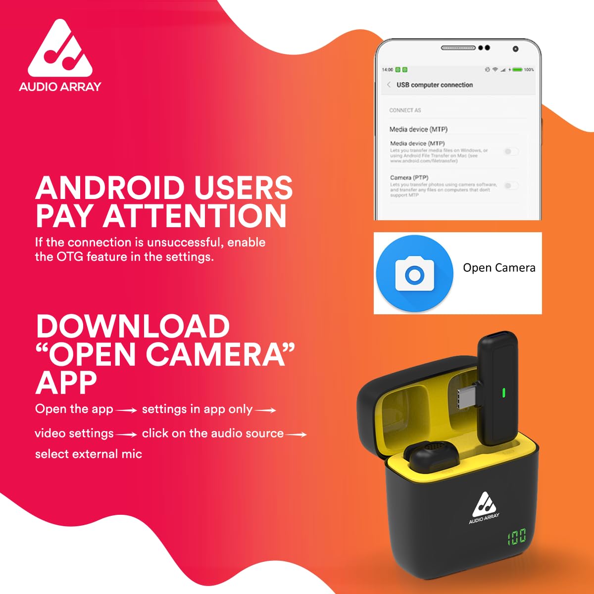 Audio Array AM-W16 Solo Wireless Lapel Over Ear Mic in-Built ANCPlug N Play Long Battery LifeUltra-Low LatencyUpto 30M RangeCompatible with iPhone  Android Vlogging Streaming Teaching YouTube Black