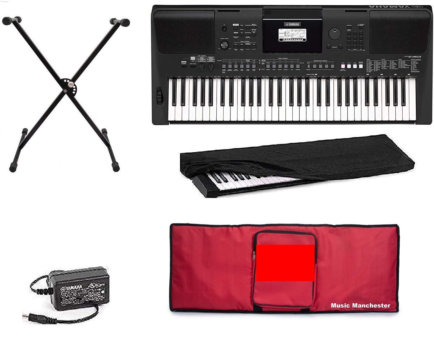 Yamaha PSR-E463 61-Keys Keyboard with adapter dust cover Red carry bag and stand combo pack