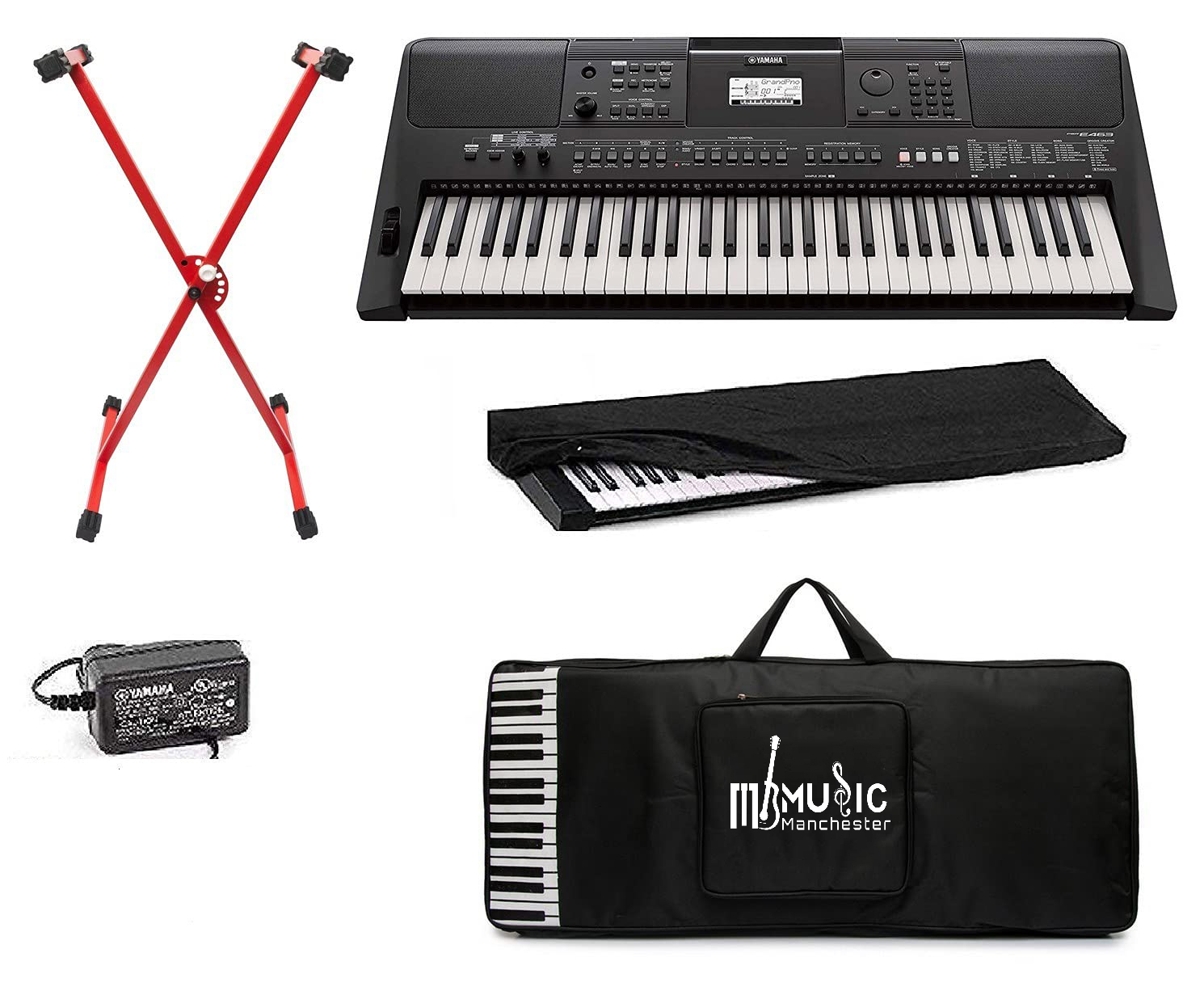 Yamaha keyboard PSR-E463 61-Keys Keyboard Digital Portable Touch Sensitive Keyboard With Padded Bag Red Stand Dust Cover Power Adapter Combo Pack