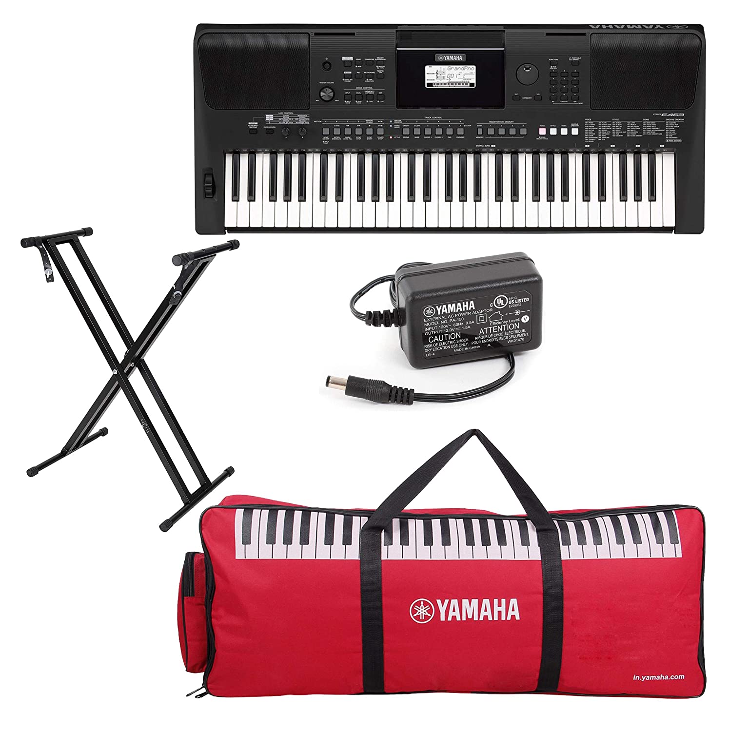 Yamaha PSR-E463 with Red Carry Bag  Heavy Stand Combo