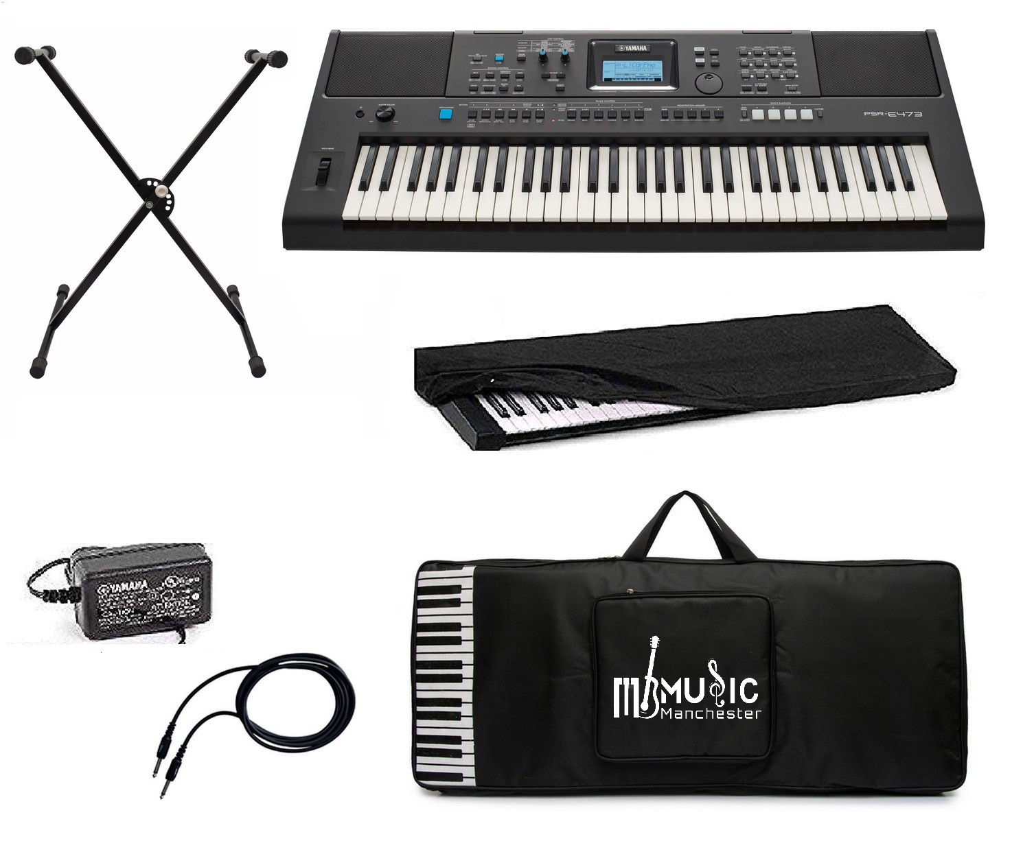 Yamaha PSR-E473 61 Keys Portable Keyboard With Power Adaptor Standzo Stand Padded Bag and Dust Cover