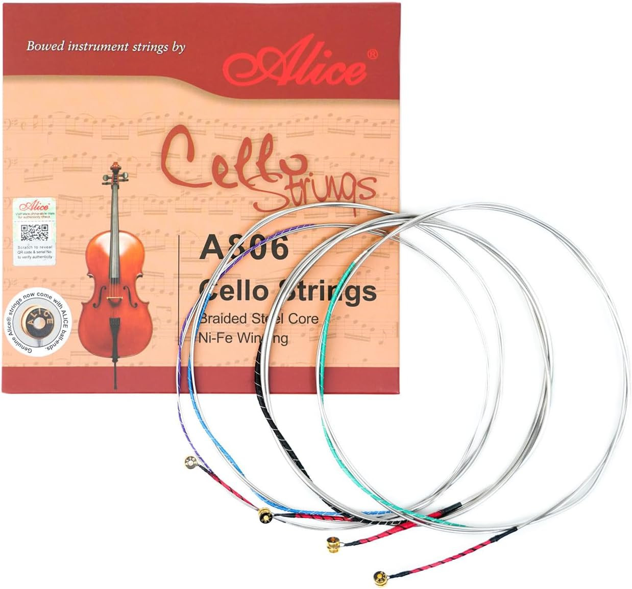 Alice 44 Cello Strings Set - Braided Steel Core with Ni-Fe Winding Cello String for 44 Cellos - Clear Balanced Tone Ideal for Professionals A806