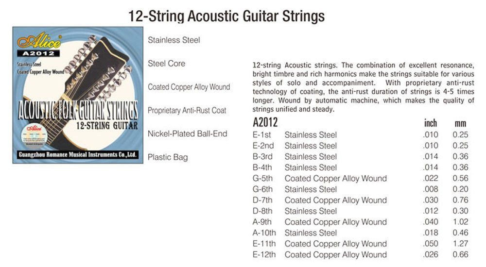 Alice Acoustic Guitar Strings Stainless Steel 12 Strings Set A2012