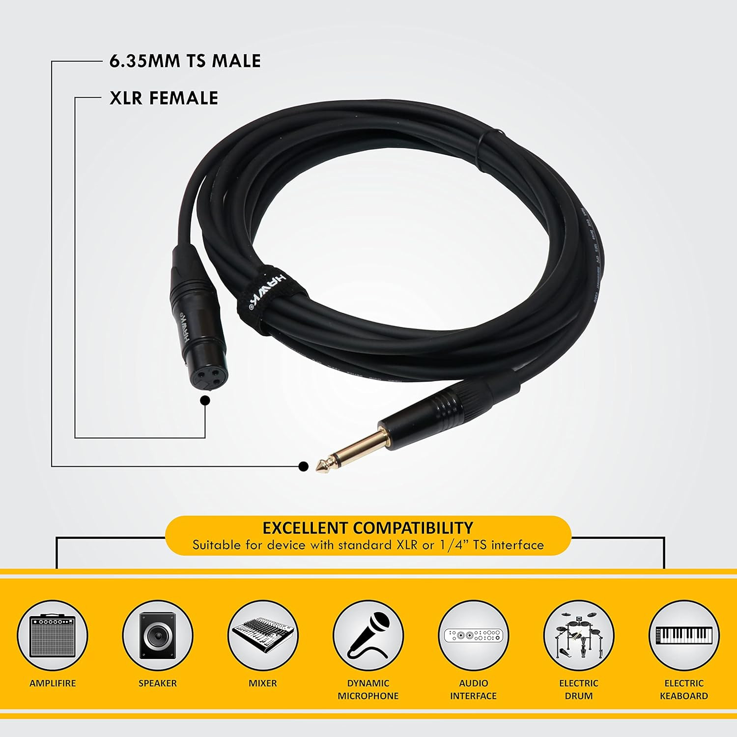 Hawk SXFP-010 Gold Series TS Male to XLR Female Audio Cable - 3 Meter Black Indoor 10 Feet 5 Pin Unbalanced Microphone Mixer Audio Interface Audio Equipment