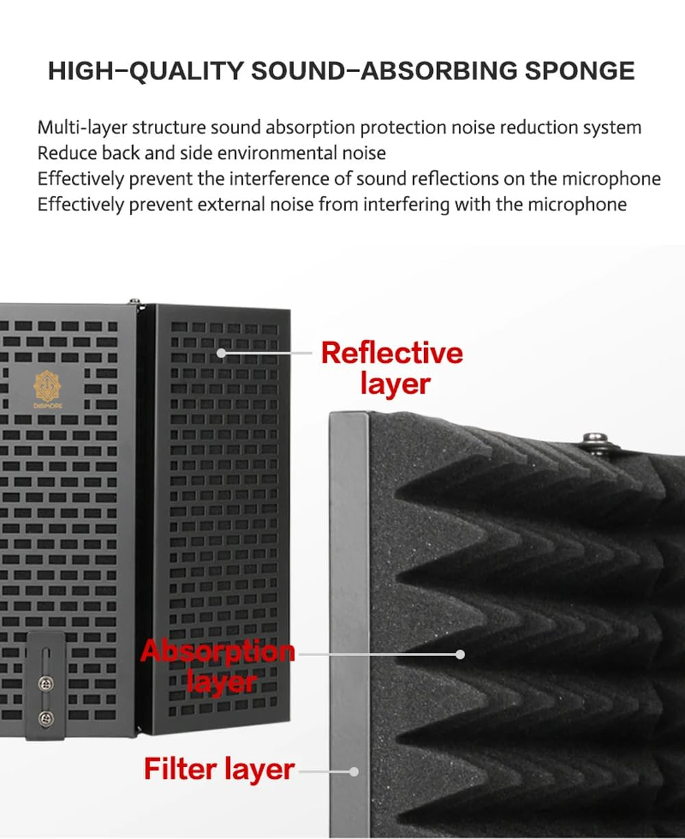 Digimore D-140 Microphone Isolation Shield 3-Panel Pop Filter Professional Foldable Vocal Booth High Density Absorbent Foam Suit for Any Condenser Mic Studio Sound Recording Podcasts Singing
