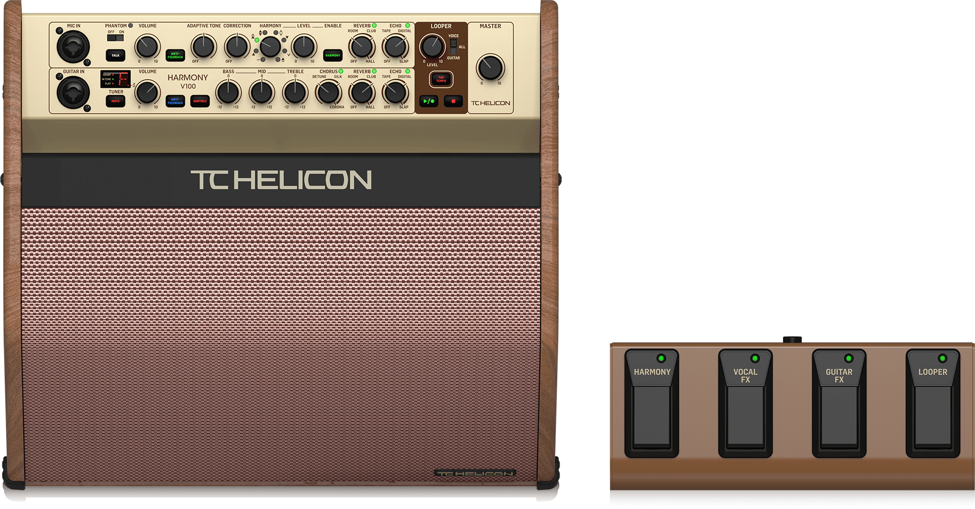 TC Helican HARMONY V60 100W 2-Channel Acoustic Amplifier with Vocal Processing Looper Tannoy Dual Concentric Speaker and 4-Button Footswitch