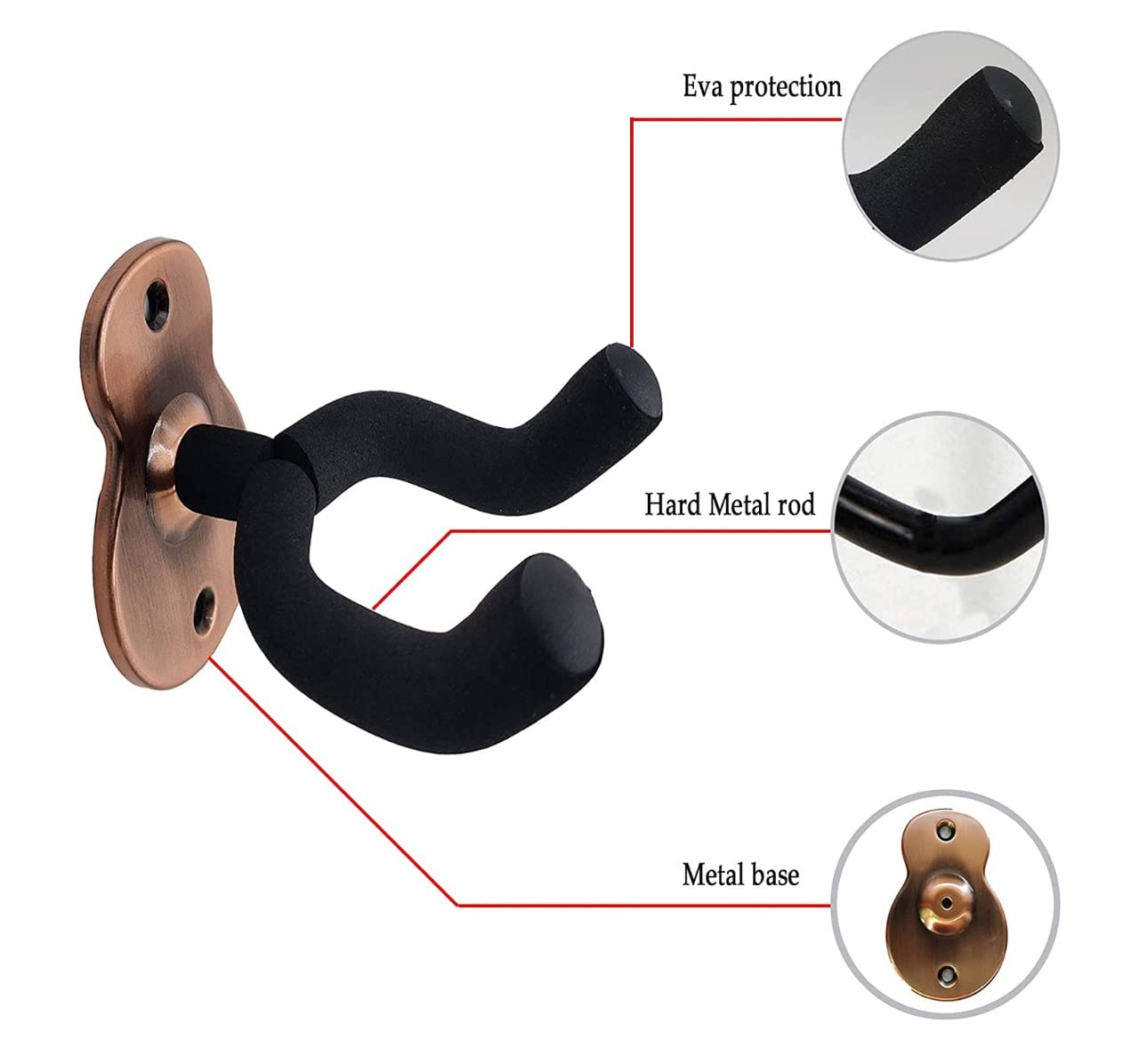 Neowood PWH-1 Bronze Guitar Wall Mount Hanger Stand with Cushion and Metal Base for Acoustic bass Electric Classical Guitar and Ukulele