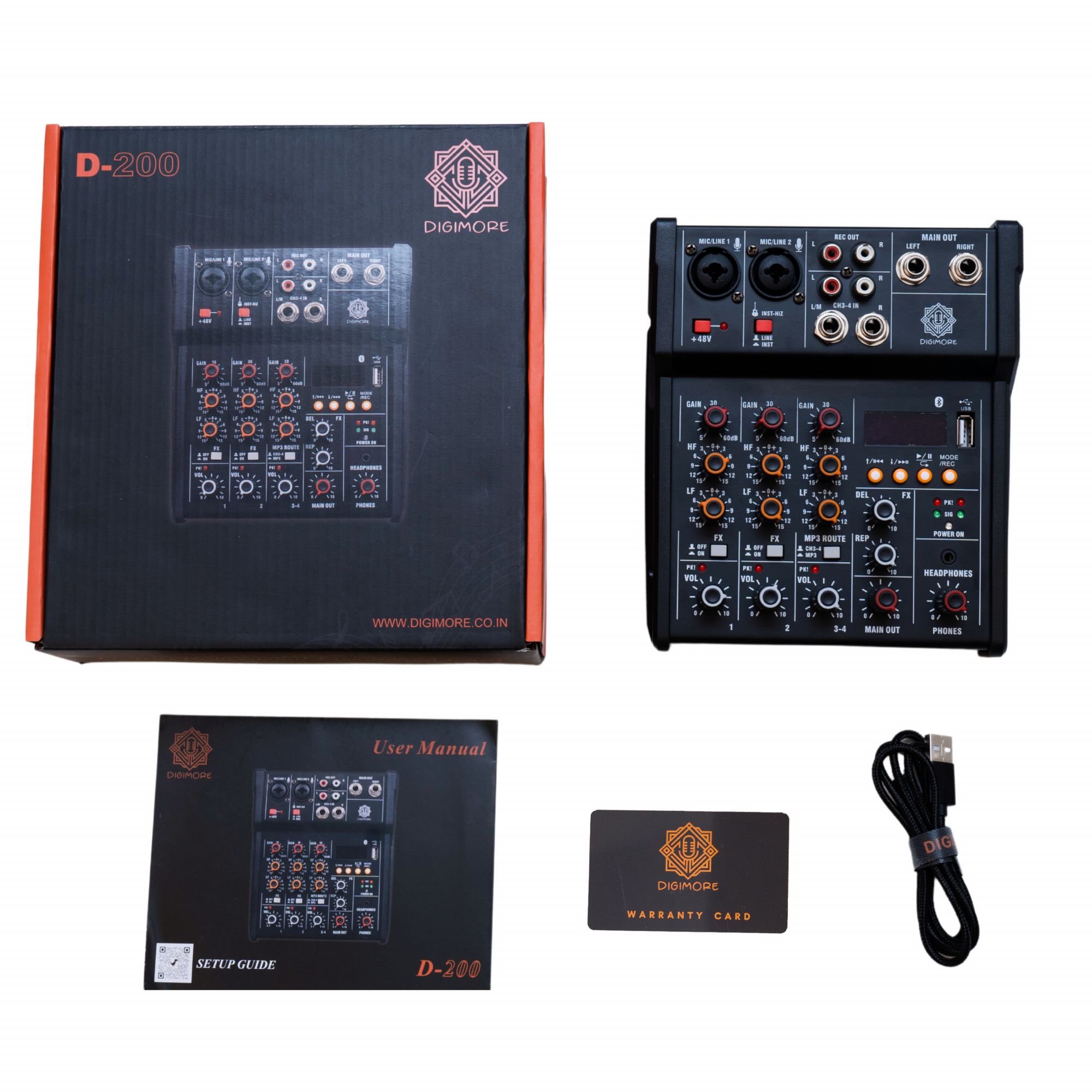 Digimore D-200 4-Channel Audio Mixer with 48V Phantom Power Sound Mixing Console Line Mixer with Sound Card USB input Bluetooth 35mm Headphone input Phone Live out for Music Production Webcast