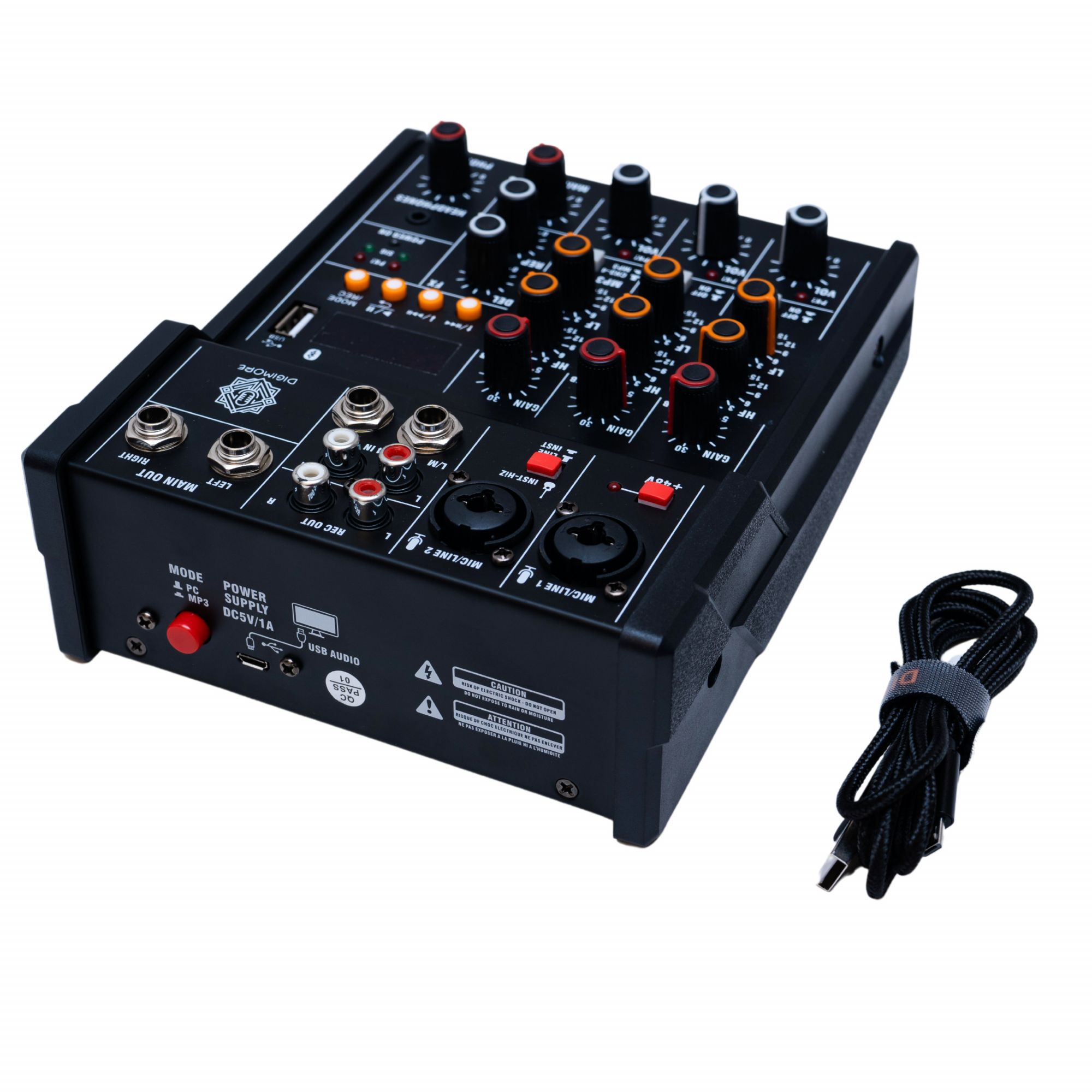 Digimore D-200 4-Channel Audio Mixer with 48V Phantom Power Sound Mixing Console Line Mixer with Sound Card USB input Bluetooth 35mm Headphone input Phone Live out for Music Production Webcast