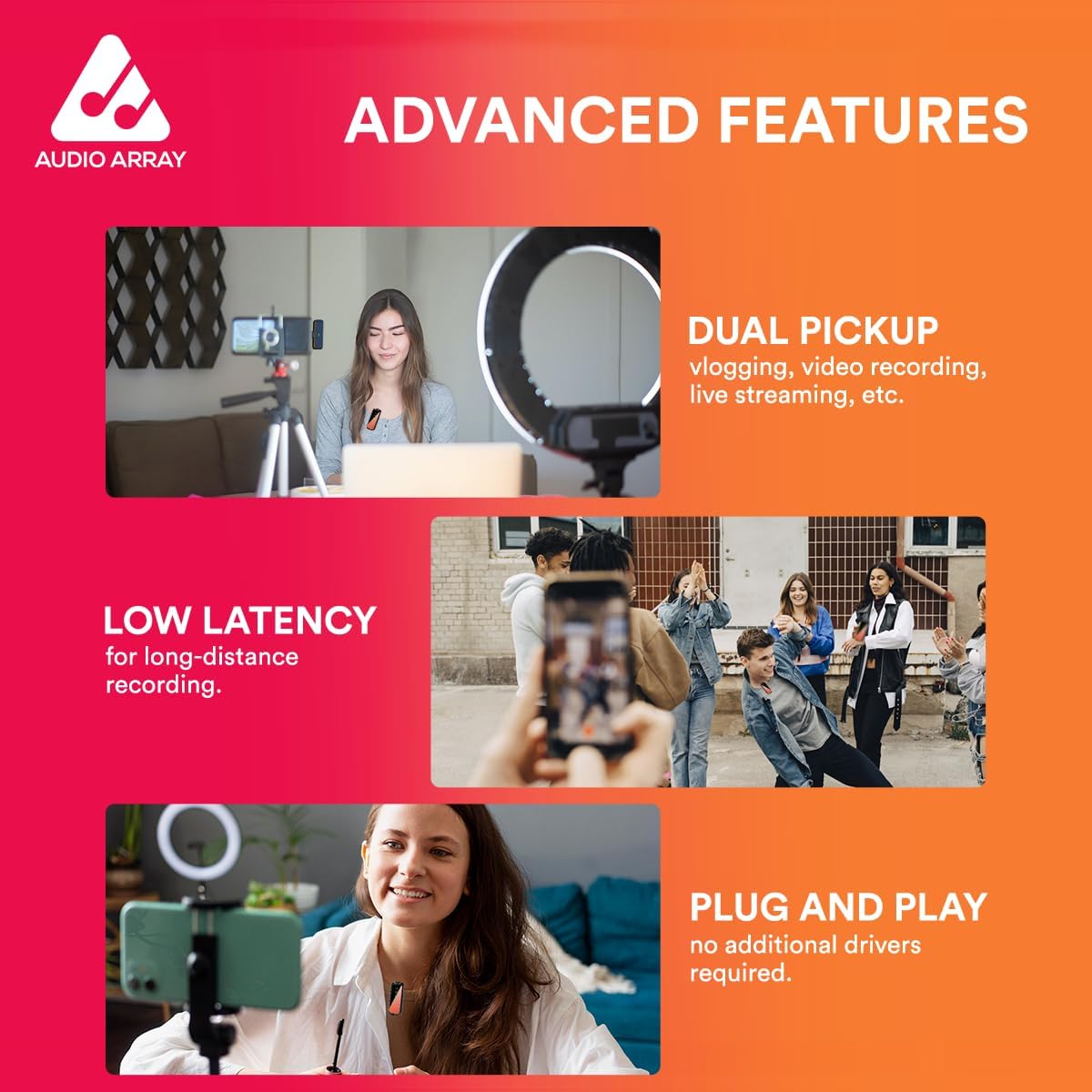 Audio Array AM-W17 Dual Wireless Lapel Micin-Built ANC Plug N PlayLong Battery Life Ultra-Low LatencyUpto 30M RangeCompatible with iPhone AndroidVlogging Streaming TeachingYouTube Black