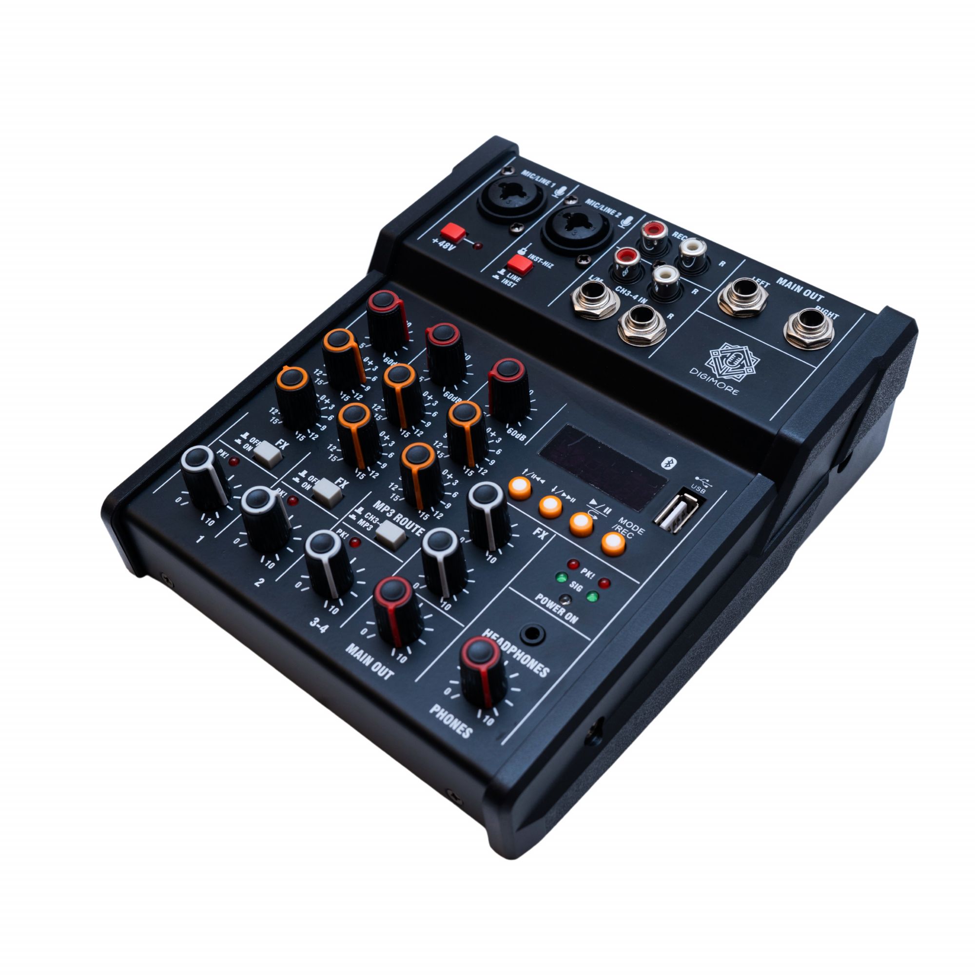 Digimore D-200 4-Channel Audio Mixer with 48V Phantom Power Sound Mixing Console Line Mixer with Sound Card USB input Bluetooth 35mm Headphone input Phone Live out for Music Production Webcast